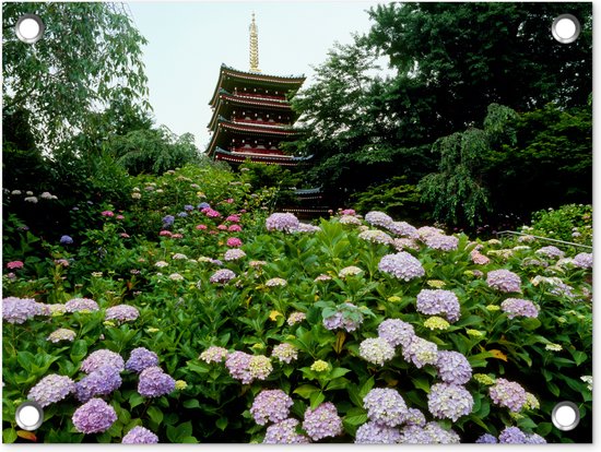 Tuin decoratie Japanse tuin met hortensia - 40x30 cm - Tuindoek - Buitenposter