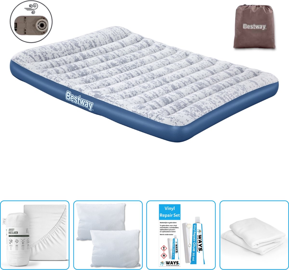 Bestway luchtbed - 2-Persoons - 152 x 203 x 30 cm - Blauw - Inclusief pomp - Hoeslaken - Kussen - Kussenbeschermer en Reparatieset