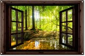 Tuinposter 120x80 cm - Tuindecoratie Bos - Doorkijk - Natuur - Zonlicht - Donkerbruin raam - Poster voor in de tuin - Buiten decoratie - Schutting tuinschilderij - Tuindoek muurdecoratie - Wanddecoratie balkondoek