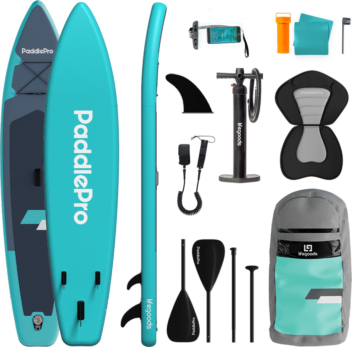 Bol.com LifeGoods SUP Board Touring - 165 KG Draagkracht - 365 x 76 cm - Opblaasbaar - met Zitje - Compleet Sup pakket - Turquoise aanbieding