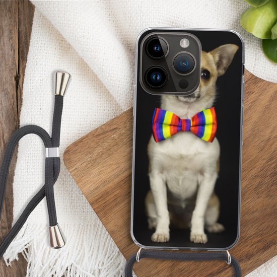 Étui de téléphone adapté à Apple Iphone 14 Pro - Chien - Noeud - Zwart - Siliconen - Bandoulière - Coque arrière avec cordon - Étui de téléphone avec cordon - Étui avec corde