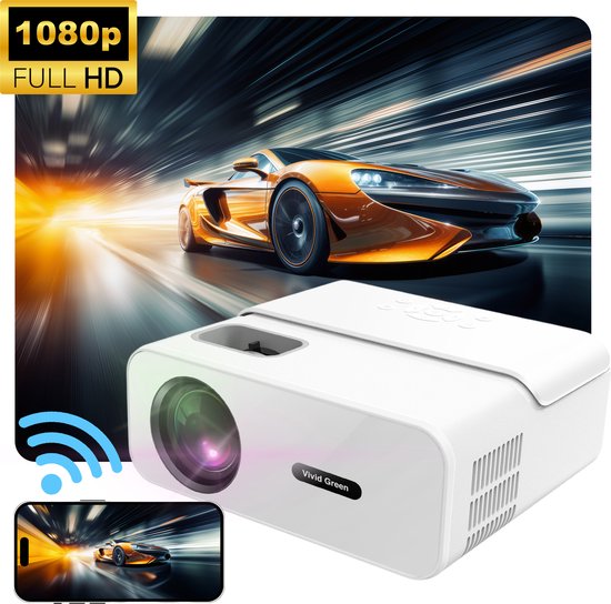 Beamer 10.000 Lumen - 1080P Full HD - Wifi Projector - Streamen vanaf je telefoon - Mini Beamer - Beamers - IOS & Android - Smart - Wit - Vivid Green