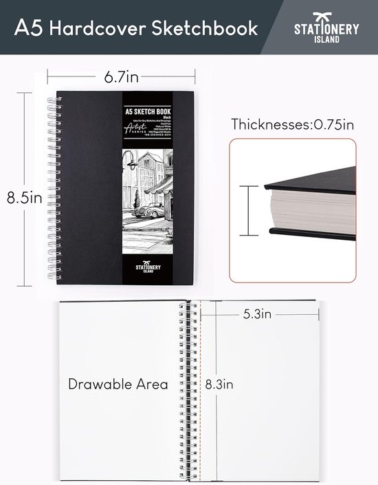A5 Schetsboeken, 200GSM Dik Papier Spiraal Gebonden Schetsboek Hardback