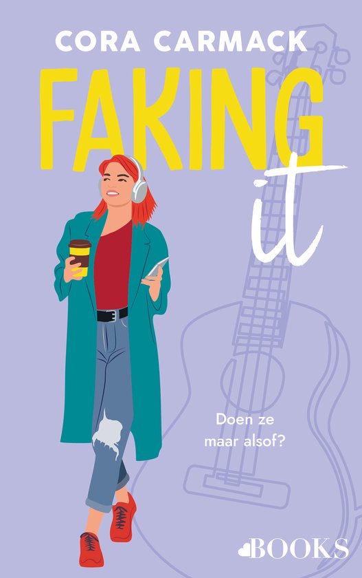 Boekcover met een roodharige vrouw met koptelefoon, spijkerbroek, lange jas en koffie. Gitaar in de achtergrond.