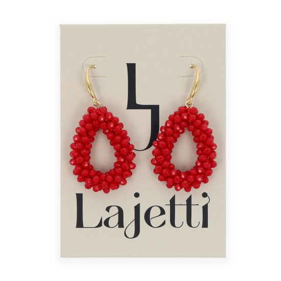 Lajetti - Druppel Oorbel Rood - Dames Oorbellen - Stainless Steel Beaded Earrings - Lajetti