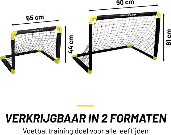 Twee voetbaldoelen met afmetingen: 55x44cm en 90x61cm. Tekst: 'VERKRIJGBAAR IN 2 FORMATEN'.