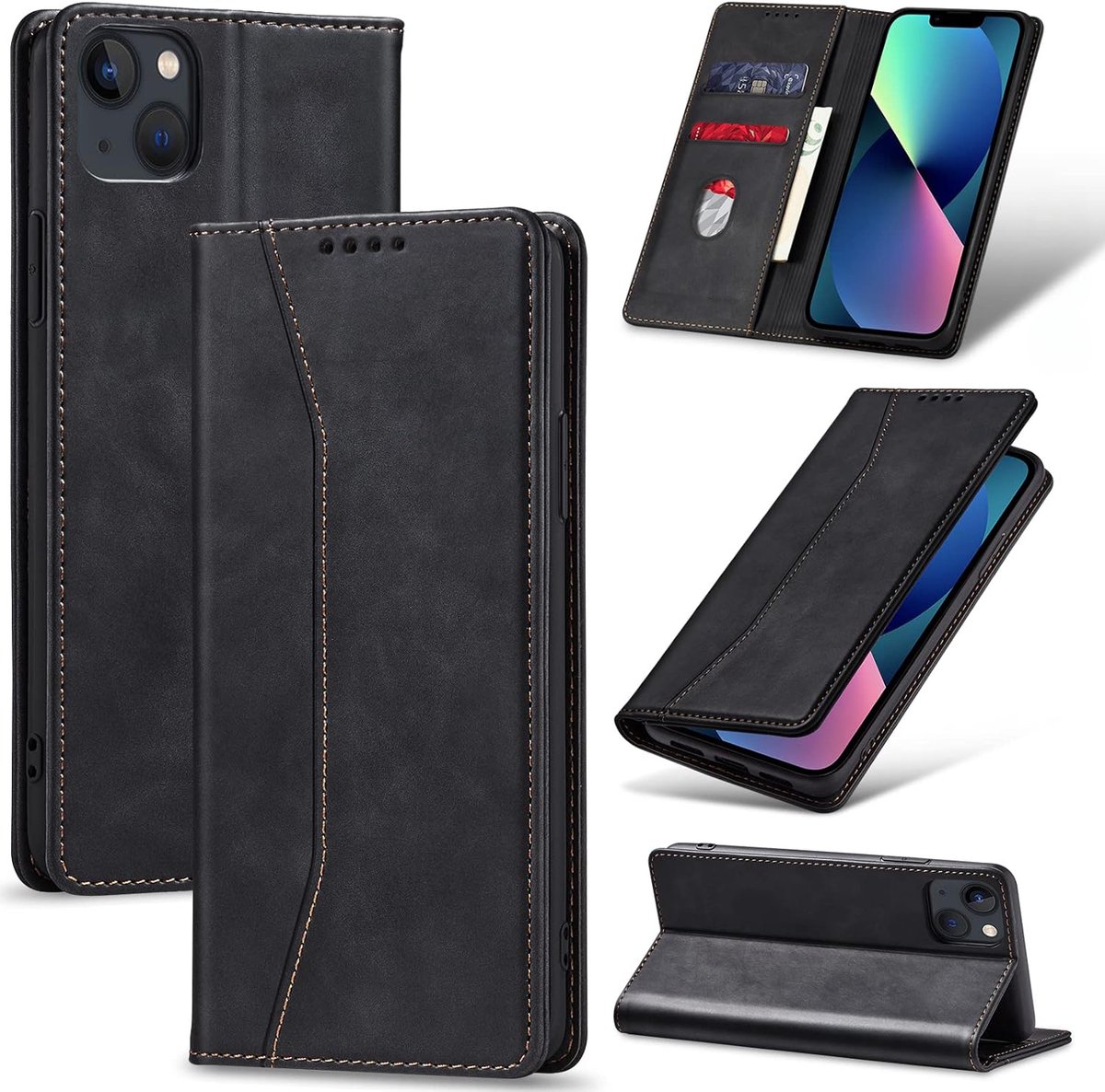 Nuvex Hoesje met Pasjeshouder Geschikt voor iPhone 13 Zwart Telefoonhoesje - Anti-Shock Bookcase Cover met 1x Screenprotector - Wallet Case