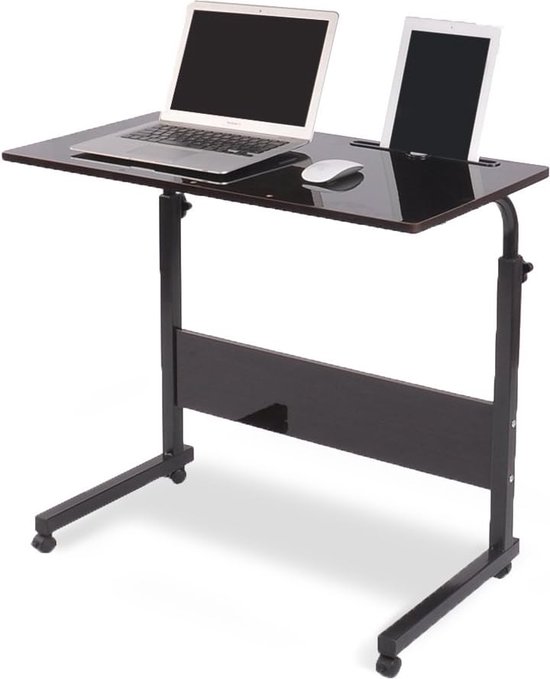 In hoogte verstelbaar laptoptafel, computertafel met tablet-sleuf, 80 x 40 cm, pc-tafel, salontafel, verzorgingstafel, bijzettafel met wieltjes, zwart 05#3-80BK-BH