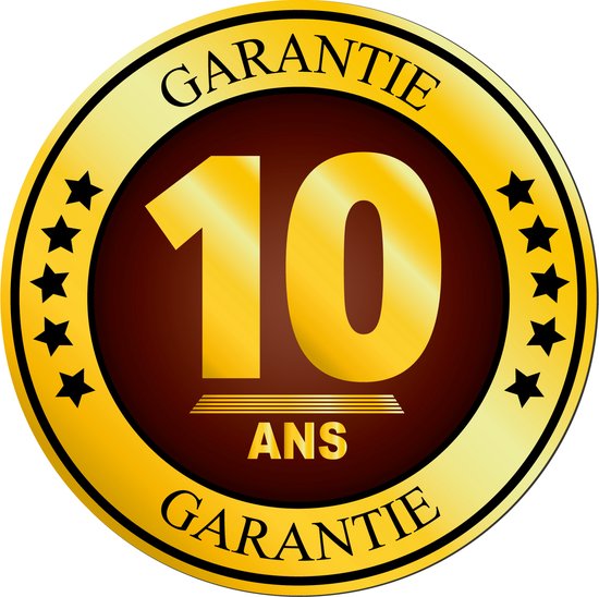 Médaille dorée avec étoiles noires et '10 ans garantie' en néerlandais et français.