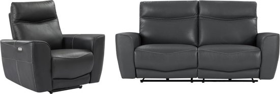 Elektrische relax-driezitsbank en -fauteuil van antracietgrijs vaarsleer DAMON L 208 cm x H 102 cm x D 90 cm