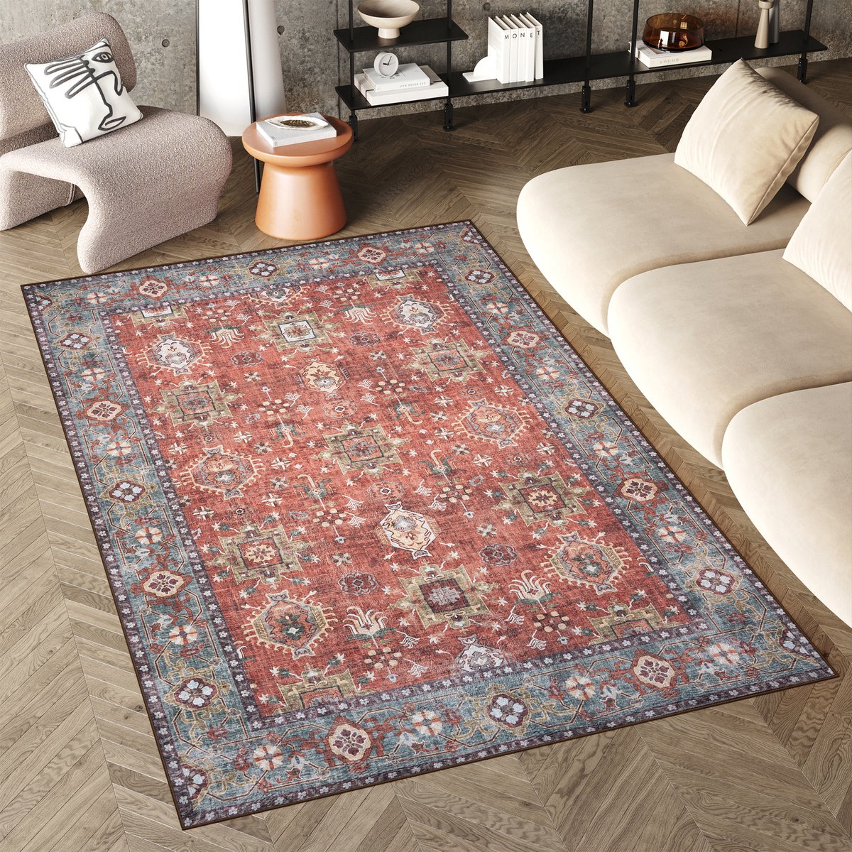 Tapiso Flannel Printed Vloerkleed Vintage Traditioneel Woonkamer Antislip Wasbaar Tapijt Maat- 160x230