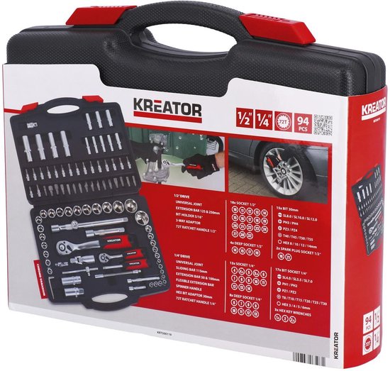 Kreator dopsleutelset, 94 delig, in zwarte koffer met rode accenten. De koffer is open met de gereedschappen erin gelegd. Bevat afbeeldingen van gereedschap in actie.
