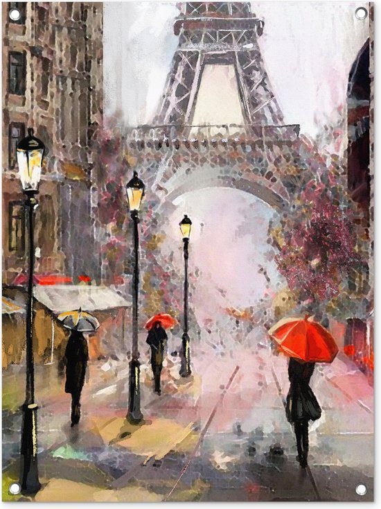 Tuinschilderij Schilderij - Parijs - Eiffeltoren - Paraplu - Olieverf - 60x80 cm - Tuinposter - Tuindoek - Buitenposter