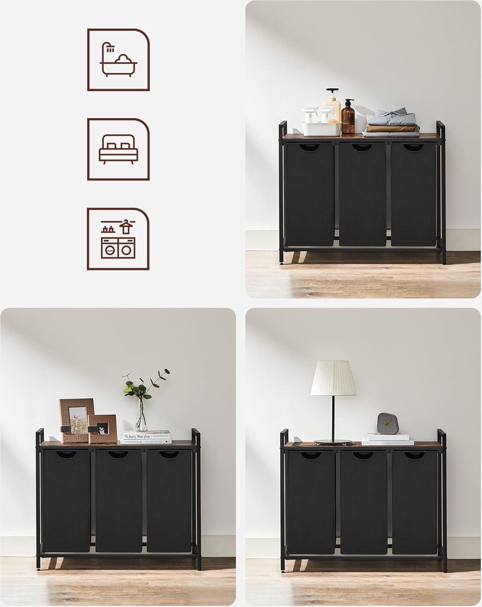 AMHANCIBLE Wasmand met 3 vakken, wasverzamelaar, 38 l x 3, uittrekbare en afneembare Oxford-stoffen organizerzakken, stalen frame en bovenste plank, 92 x 30 x 72,2 cm EHLS03GY