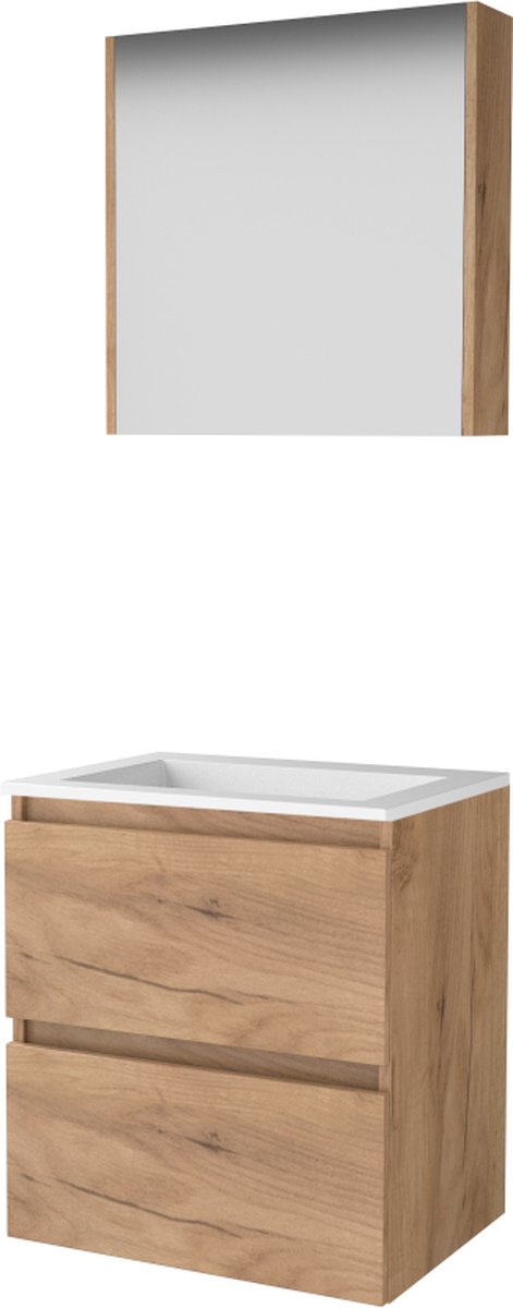 Basic Comfort 46 badmeubelset met spiegelkast, greeploze wastafelonderkast met 2 lades en acryl wastafel zonder kraangaten 60 x 46 cm, whisky oak