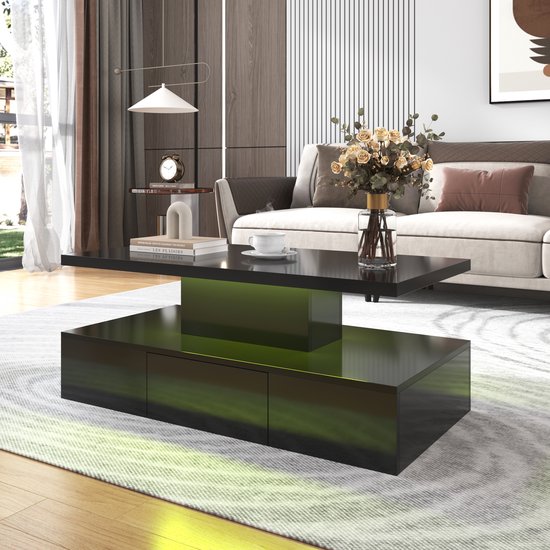 Hoogglans rechthoekige salontafel - 16 led-verlichtingsfunctie met afstandsbediening - bijzettafel met twee opbergniveaus - zwart 100x50x39cm