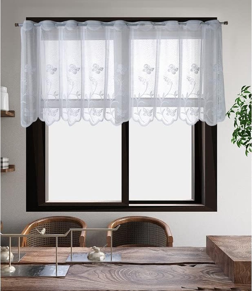 Yaland Jacquard Scherengordijnen met Bloemen Borduurwerk, Wit Bistrogordijn, Gebogen, Breedte 100cm, Hoogte 120cm, Korte Gordijnen, Kleine Scherengordijnen, Keukengordijnen