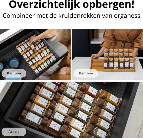 Een keukenlade gevuld met kruidenpotjes, geordend op bamboe en acacia houten rekken.