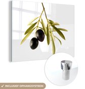 MuchoWow® Glasschilderij 80x60 cm - Schilderij acrylglas - Olijventakken voor een witte achtergrond - Foto op glas - Schilderijen