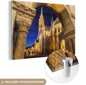 MuchoWow® Glasschilderij 90x60 cm - Schilderij acrylglas - Boedapest - Kerk - Uitkijk - Foto op glas - Schilderijen