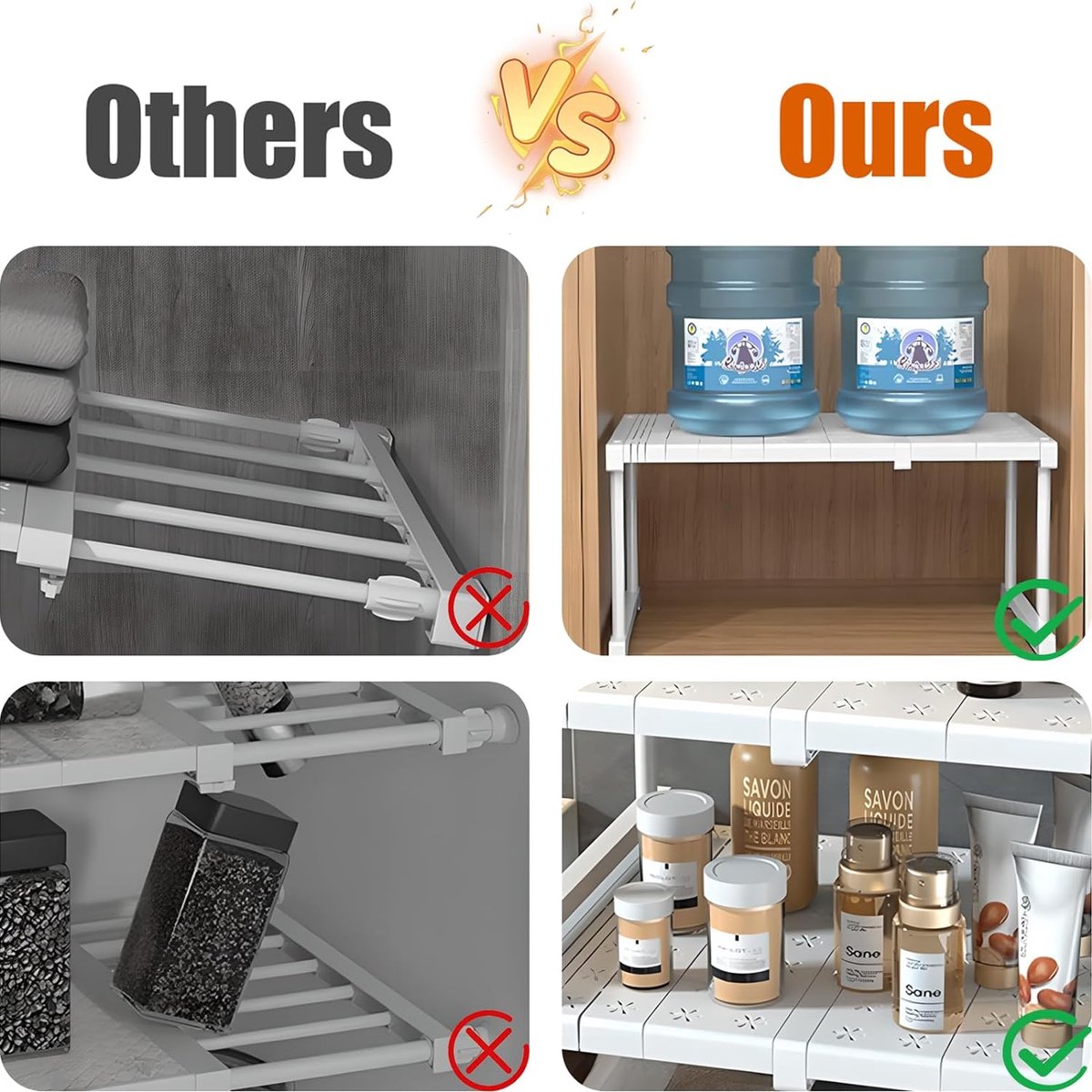 SOUNAY Uitbreidbaar kastrek, stapelbaar, in hoogte verstelbaar, keukenrek, wit, kastorganizer, verstelbaar, lengte 47-68 cm, robuust rek voor keuken, badkamer, eetkamer