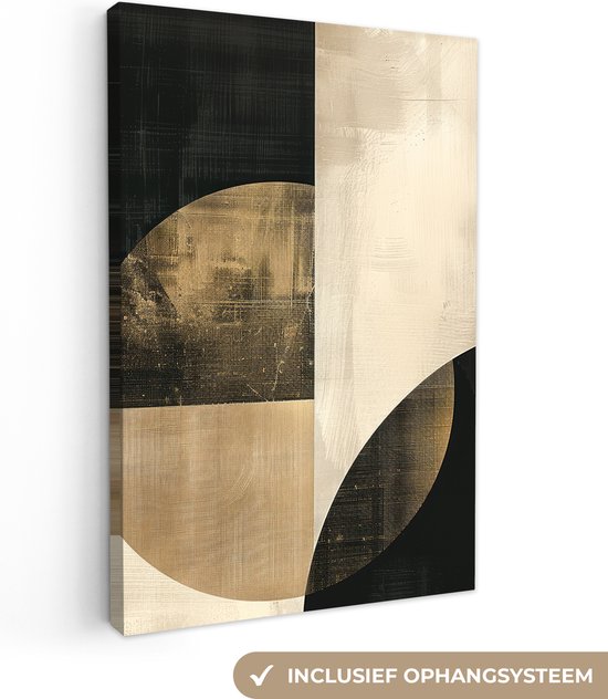 Canvas schilderij 80x120 cm - Wanddecoratie Abstract - Geometrische vormen - Zwart - Goud - Muurdecoratie woonkamer - Kamer decoratie modern - Abstracte schilderijen