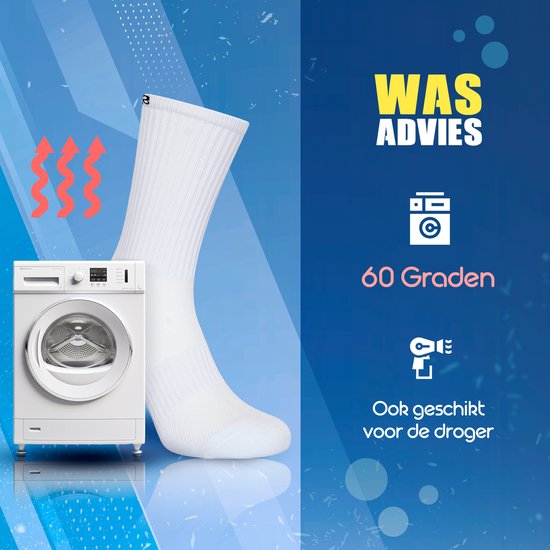 Chaussette à picots blanche à côté d'une machine à laver et d'un sèche-linge, lavage à 60 degrés.