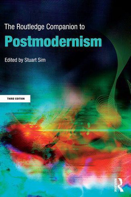 Boek 'The Routledge Companion to Postmodernism', derde editie, geredigeerd door Stuart Sim. Abstracte, kleurrijke achtergrond.