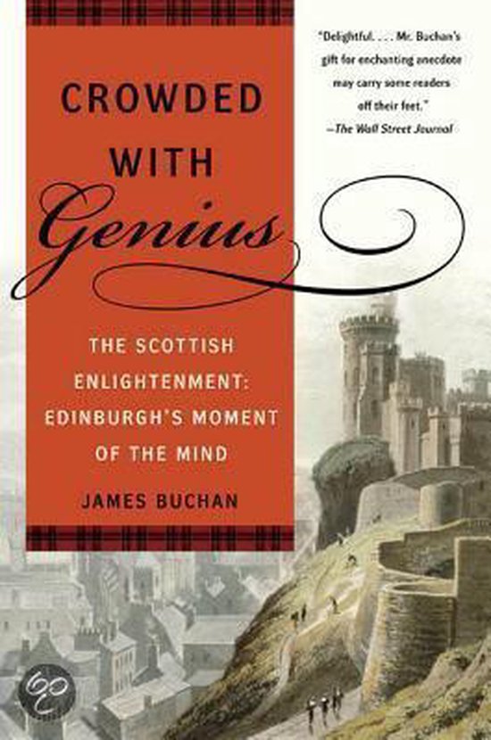 Boekcover met de titel 'Crowded With Genius' in sierlijke letters op een oranje achtergrond, met een afbeelding van Edinburghs skyline.