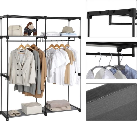 Kledingkast met Kledingstangen – Stoffen Kledingkast – Kledingrek – Grijs