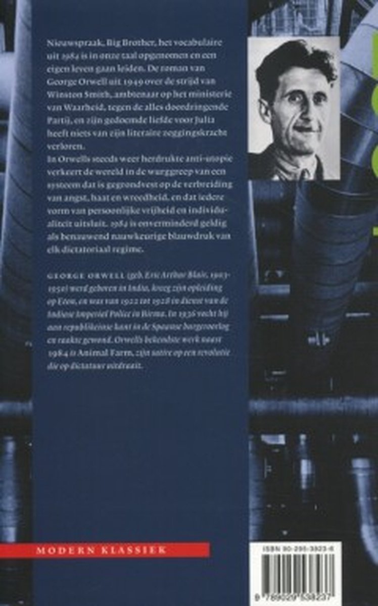 Achterkant van het boek '1984' met tekst en een portretfoto van George Orwell.