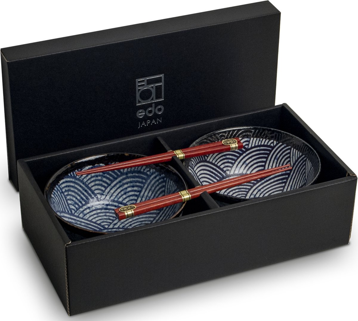 Noodle Kommen Set - Edo Japan - Japanse Golf Serviesset - 4 delig - Geschikt voor 2 personen - Geleverd in een geschenkdoos! Cadeau Tip 2023!