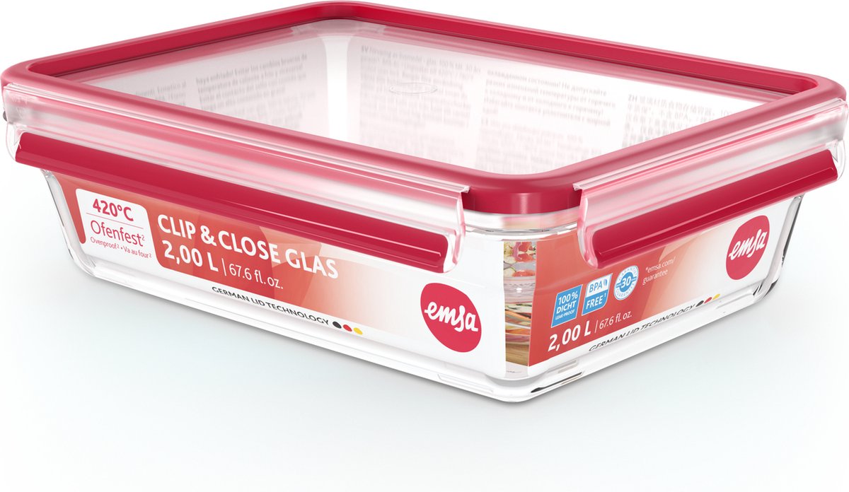 Emsa Clip & Close Glazen vershoudbakje, 2,0 L doos thumbnail 3
