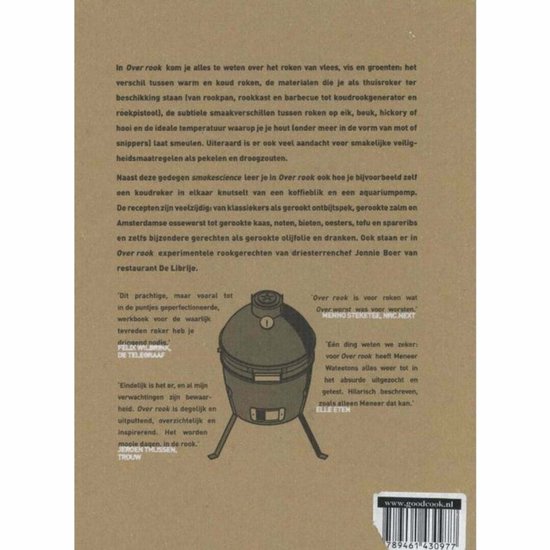 Boek "Over Rook" met illustraties van een smoker, grill, worstjes en een aansteker.