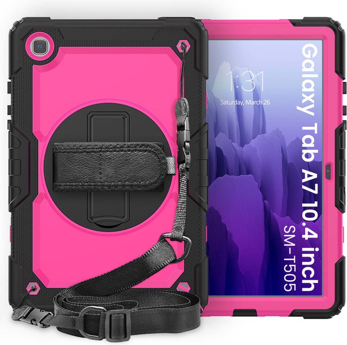 Tablethoes Geschikt voor: Samsung Galaxy Tab A7 10.4 (2020) T500 Tablet Kids case - Armor Case - Schermbeschermer - ShockProof - Handstrap - met Schouderband - Roze / Zwart - ZT Accessoires