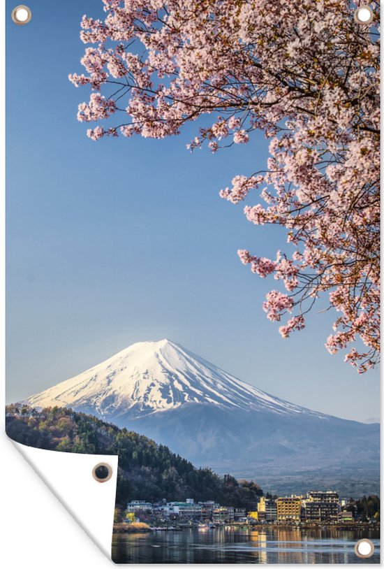 Tuinposters buiten Fuji berg en een roze kersenbloesem boom in Japan - 60x90 cm - Tuindoek - Buitenposter