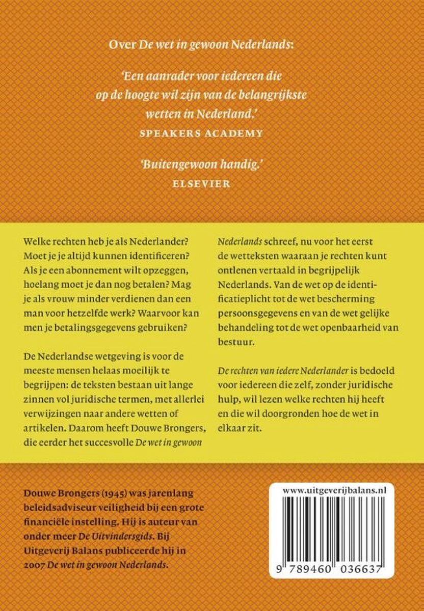 Achterkant boek met tekst en ISBN. Oranje ruitpatroon.