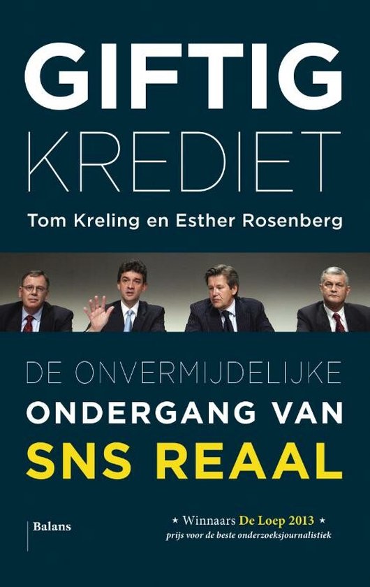 Boekomslag 'Giftig krediet' met titel, auteurs en vier mannen aan tafel.