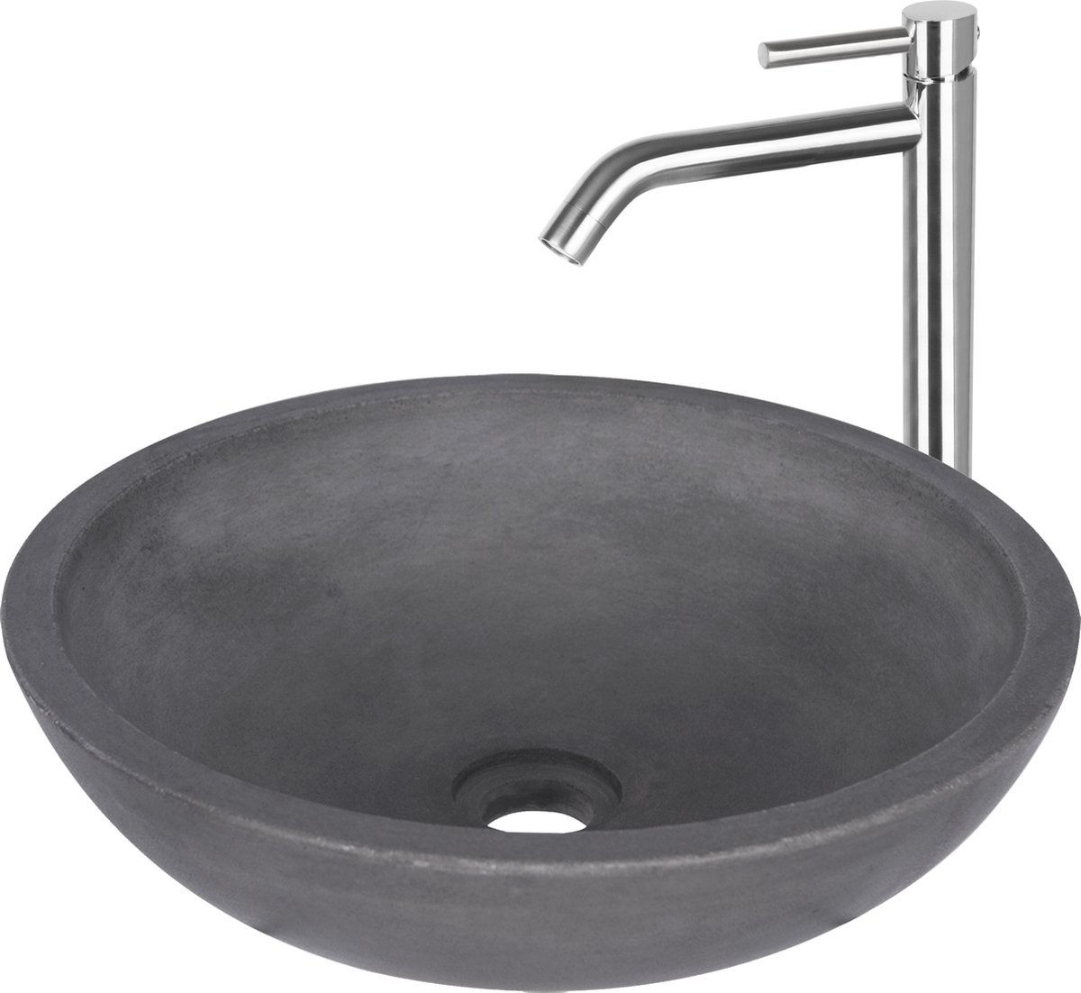 Differnz Ravano Fonteinset - Beton Donkergrijs - Hoge Wastafelkraan Gebogen - Kraan Warm & Koud - Mat Chroom