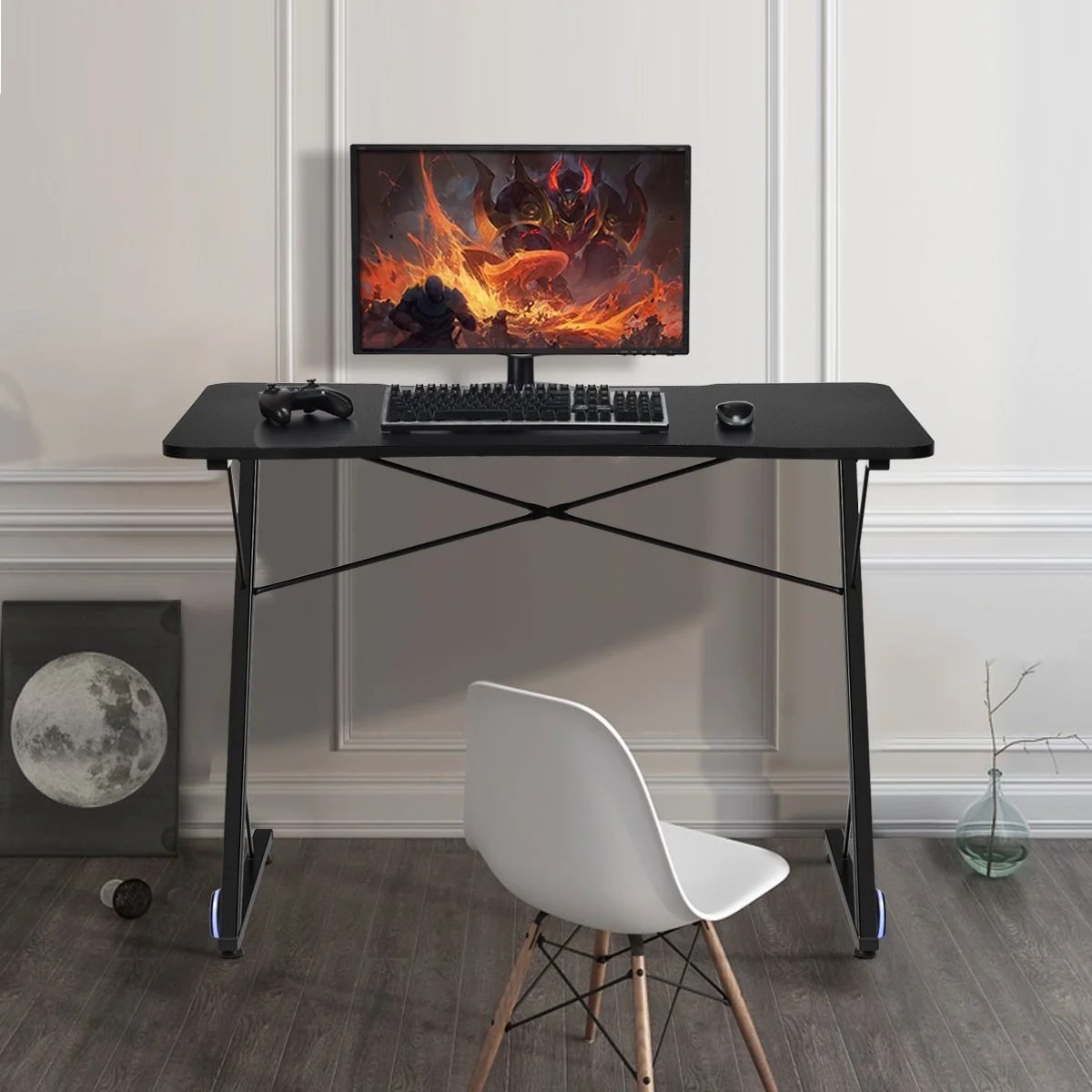MEUBELEXPERT - Gamer Gaming Desk 110 X 60 X 78 CM Z-vormig met LED-licht en kabel Opgeruimd koolstofvezeloppervlak