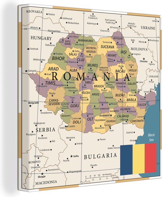 Canvas Schilderij Kleurrijke en vintage kaart van Roemenië met de vlag - 20x20 cm - Wanddecoratie