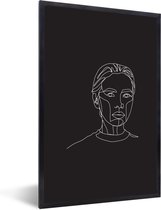 Photo Line- Illustration d'art en ligne d'un visage féminin émotionnel sur fond noir Cadre photo noir sans passe-partout 40x60 cm - Affiche encadrée (Décoration murale salon / chambre)