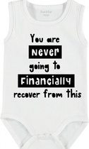 Baby Rompertje met tekst 'You are never financially recover from this' | mouwloos l | wit zwart | maat 50/56 | cadeau | Kraamcadeau | Kraamkado