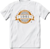 Premium Since 1981 T-Shirt | Goud - Zilver | Grappig Verjaardag Kleding Cadeau Shirt | Dames - Heren - Unisex Tshirt | - Wit - L