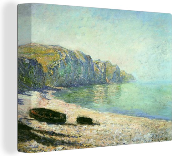 Canvas Schilderij Boten op het strand bij Pourville tijdens laagtij - Schilderij van Claude Monet - 120x90 cm - Wanddecoratie