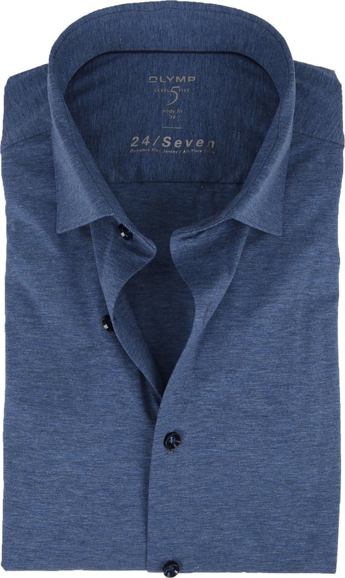 OLYMP Level 5 24/Seven body fit overhemd - rookblauw tricot - Strijkvriendelijk - Boordmaat: 40