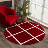 Tapijtenloods Madrid Shaggy Rond Geruit Vloerkleed Rood Creme Hoogpolig - 120 CM ROND