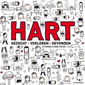 Boekomslag met de rode letters 'HART' en de tekst 'GEZOCHT - VERLOREN - GEVONDEN'. De omslag is versierd met zwart-witte tekeningen van poppetjes en dieren.