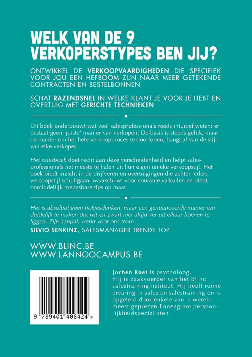 Achterkant van het boek 'Het Salesboek' met tekst en barcode.
