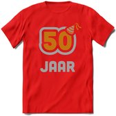 50 Jaar Feest T-Shirt | Goud - Zilver | Grappig Verjaardag Cadeau Shirt | Dames - Heren - Unisex | Tshirt Kleding Kado | - Rood - 3XL